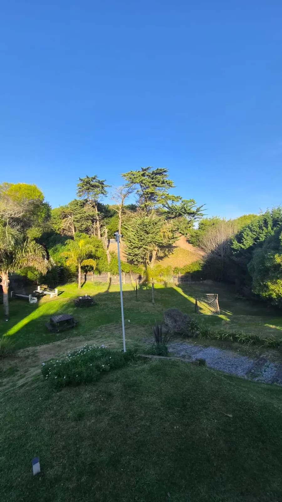 Parque arbolado del complejo Puerto Delfín en Mar de las Pampas, con mesas de picnic bajo el bosque